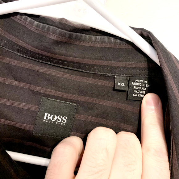 HUGO BOSS Button Up Mens Size XXL Brown Striped Collared Long Sleeve Cotton - Picture 2 of 3